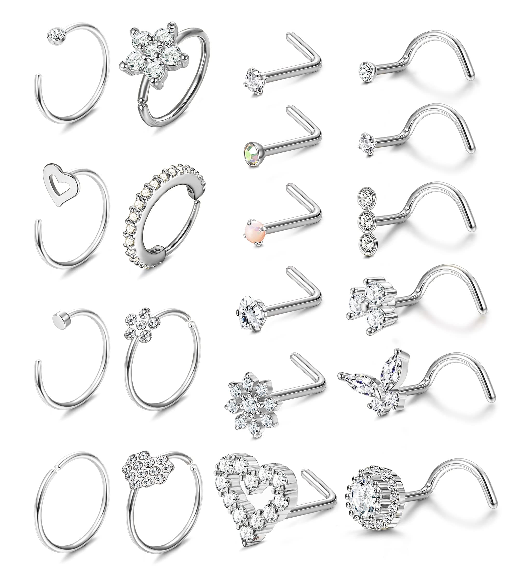 Adramata 20Pcs Nez Stud & Hoop Anneaux pour Femmes Hommes - Acier Chirurgical - Noir Or Argent - Piercing de Nez Anneaux