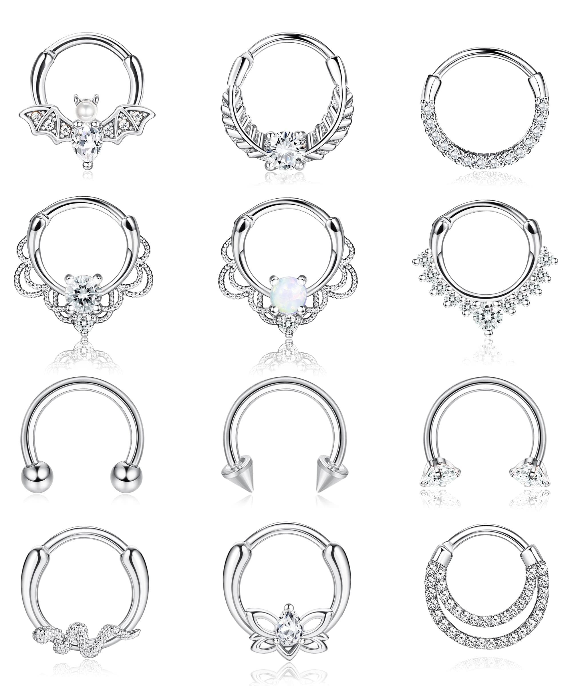 Adramata Nez Anneaux Piercing pour Femmes Septum Piercing Nez Ensemble Accueillant 12PCS Acier Chirurgical Opales CZ